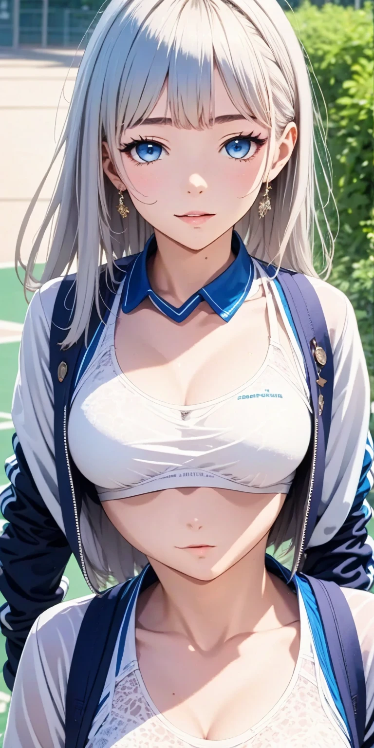 (((masterpiece))), ShizukaMikazuki, One Girl, alone, Looking at the camera, Long Hair, Gray Hair, Long sleeve, Cleavage, mega breasts,Large Breasts, Mature Body,Adult face,clavicle, Jacket, Open clothes, open Jacket, blue hoodie, Black sports bra, Black hot pants, choker with a charm,Play sports often,bicycle,Clear light blue eyes, Blushing,smile,Sweat,Amazed expression,Faintly visible abs,Earrings,Golden navel piercing,Park at dusk, Increase the size of the chest
