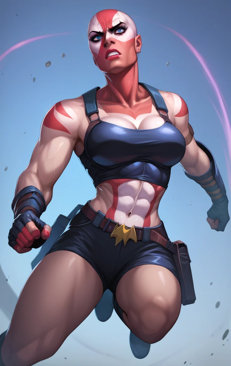 extremely short hair perfect anatomy 1 girl tall solo curvy hoodie toned body ((bikini top)) ((shorts)) ((beanie)) ((scarf)) ((black gloves)) ((armor)), abs, huge breasts 