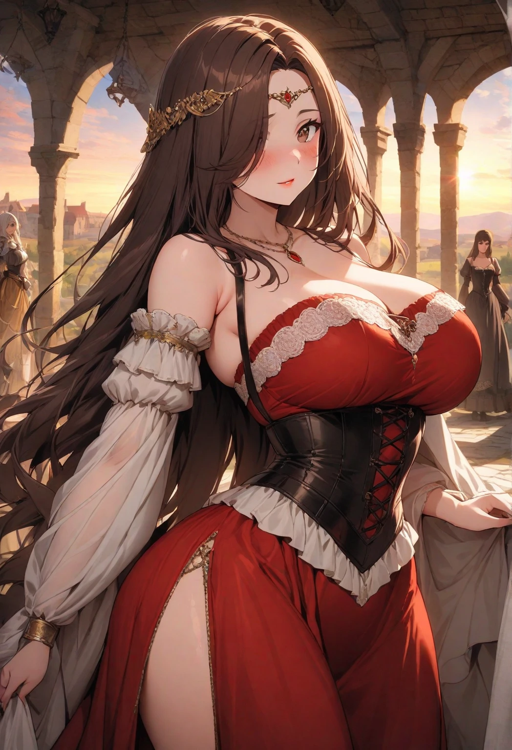 ultra-detailed, extremely detailed,((anime artstyle)),Masterpiece,(Best Quality),(Super Detail),(Very Delicate and Beautiful),((Solo)),(((full body))),full body,((detailed face and eyes)),perfect eyes, rendered eyes,jewel-like beautiful eyes,((1 princess in beautiful embroidery and jeweled gorgeous rococo ballgown with frilled voluminous full length hoop skirt)),((Crinoline)),beautiful embroidery and jeweled gorgeous rococo ballgown with frilled voluminous full length hoop skirt,(large amount of straight hair,extremely voluminous Very Long straight Hair,Absolutely Long Straight Hair),sparkly skin,(((very gigantic boobs,skindentation))),Bursting breasts,cleavage,((fantasy castle,outdoors,outside the castle)),long_gloves,extremely gorgeousfull jeweled hair ornament,(bling-bling extremely gorgeousfull jeweled tiara),(luxurious jewelry),full body,beautiful embroidery and jeweled gorgeous rococo ballgown with frilled voluminous full length hoop skirt,((pussy:1.2))