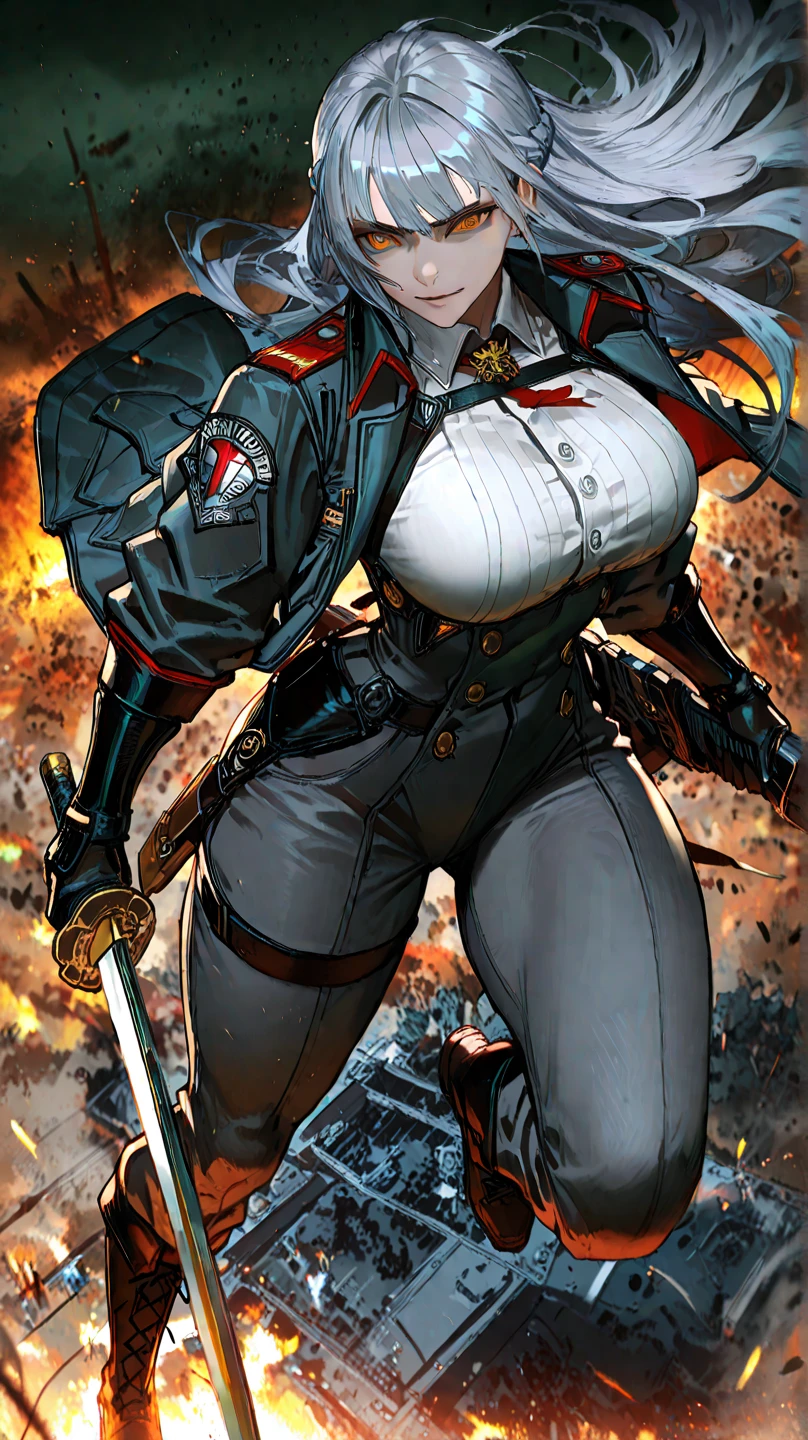 Female full body SQUATTING back to me, ((Plain background 1:2)) (Cammy White Street Fighter white silver short bob haircut) RED full body armored, cleavage, leather collar choker, happy smile red cheeks, red gloves gauntlets, red military boots