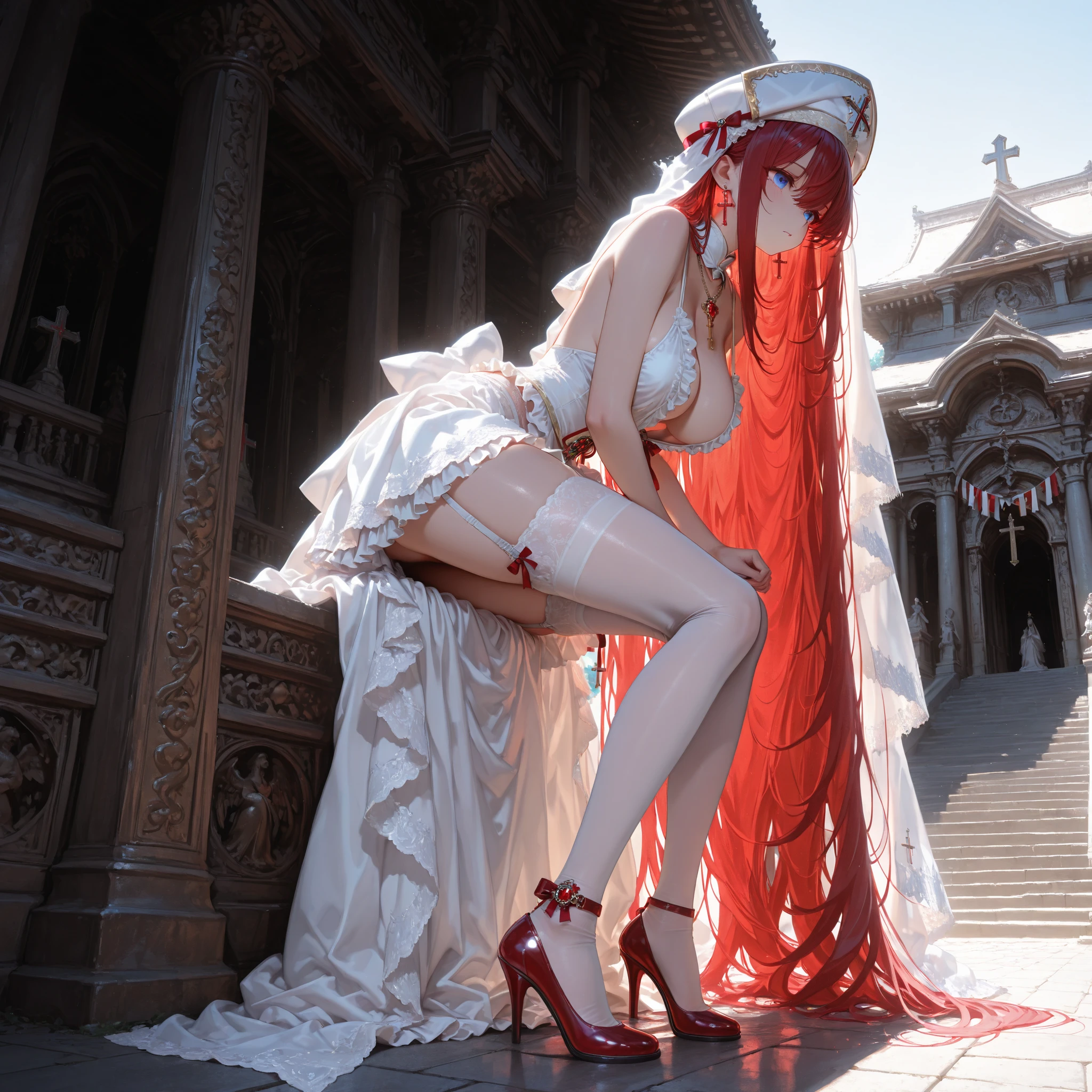 (Highly detailed CG Unity 8k), (Highest quality),(Very detailed),(Ultra-high resolution), 1 female, (white cloth gag:1.4), Rope Bondage, breasts Rope Bondage, hands back Rope Bondage, thigh Rope Bondage, bust Rope Bondage, feet Rope Bondage, Put your arms behind your hips, ankles Rope Bondage, (knee Rope Bondage:1.4), Black Hair, (Pure white wedding dress:1.3), (white long wedding veil:1.3), Wedding Tiara, (White Stockings:1.4), (White garter belt), Watery eye, church, altar, Standing pose, (Skirt length to floor:1.3), (White high heels:1.4), expensive, (Lots of drooling:1.4),