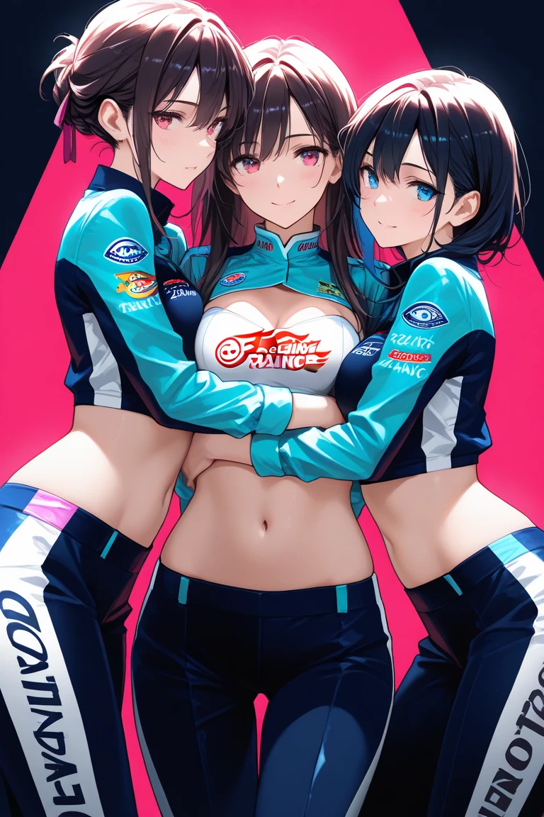1 female,black hair,25 years old,(((Shiny race queen uniform with exposed belly button)))(((blush、open mouth smile)),(((straight hair))),(((portrait))),crowd,,(wet with sweat)(leather thigh high boots)(((beautiful breasts)))