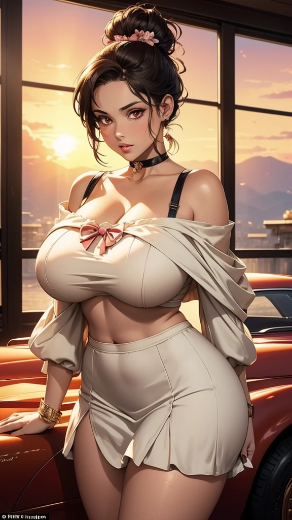 miyamizu_mitsuha, red bowtie, jewelry, white yoga crop top, white yoga tight shorts, hands on chest,see-through, looking at viewer, hair ornament, choker, shy, (masterpiece, top quality, best quality, official art, beautiful and aesthetic:1.2), (1 girl), extreme detailed, colorful, highest detailed, (huge breasts:1.2, upper body, from below, cameltoe, ) white panties, china city,street, sun, cloud, wall, leaning,