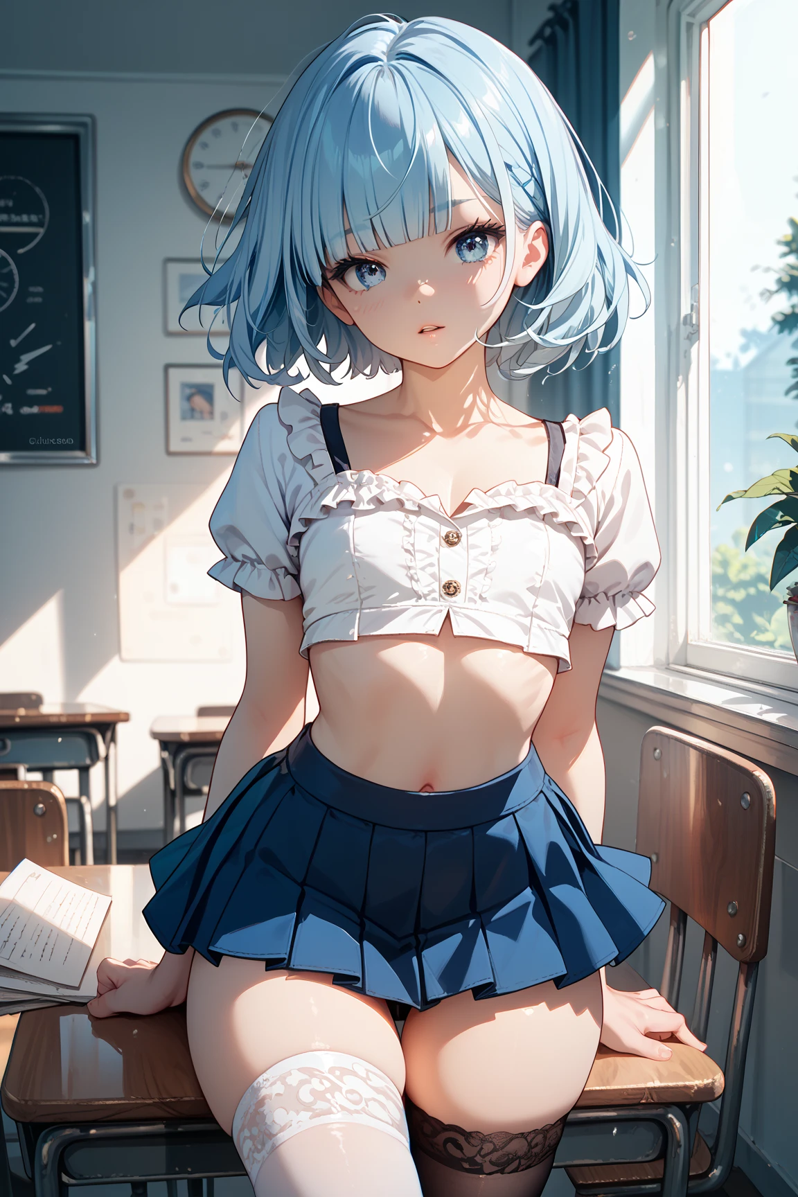 , (Masterpiece, Slim Body, Delicate Fingers: 1.2), Best Quality, (Illustration: 1.2), (Hyper Detail), Eye Focus, Ultra Detail, (Fine Detail), (Intricate Detail), HDR, (Ultra Detail: 1.15), (Soft Light: 1.2), (1 girls), Inside the classroom, Wear, ((School_uniform), (sailor_suit), (short_blue_pleated_skirt), (mini_skirt:1.3), (white_pantyhose:1.2) long sleeve shirt, (blushing:1.3) (White_hair with blue highlights),cyan eyes, teenager, embarrassed face, medium short hair, solo, multicolored hair, ahoge, flat chest, mismatched pupils, multicolored eyes, high quality, best quality, full body image, (Navel Ejection:1.5), (crotch rub:1.5), (table humping:1.5), (table masturbation:1.5), (panting:1.2), (blushing:1.3), (moaning:1.5), (pussy juice:1.5), (wet pussy:1.5), (table:1.5), (lifting skirt:1.2), (perfect hands, perfect anatomy), (orgasmed face:1.5),),