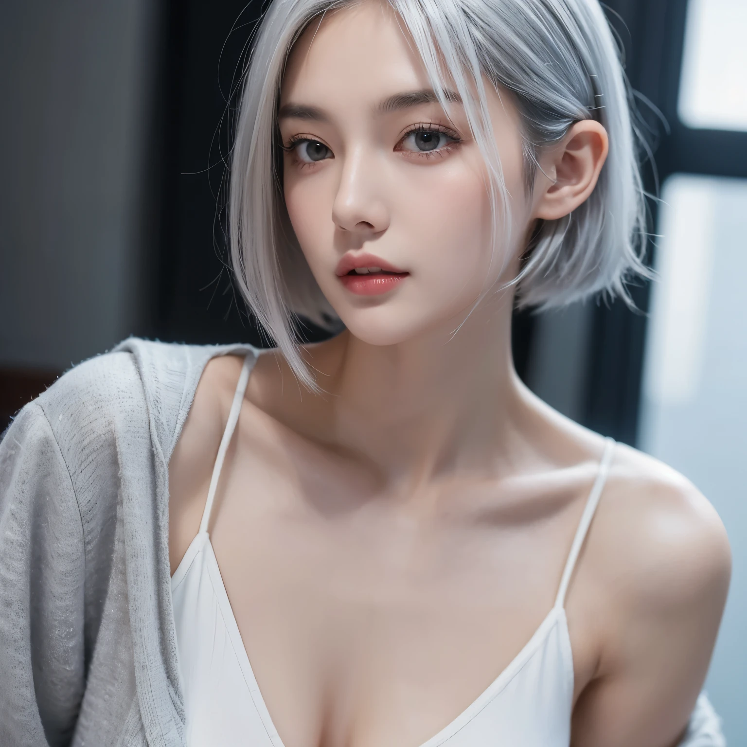 (extra detailed body、extra detailed face、best qualtiy:1.2)、femele、looking at the viewers、c、Raw photography、top-quality: 1.4)、(1girl in)、beautiful expression、(Lifelike face)、(White hair、Fancy piercings、a necklace、short-hair:1.3)、Beautiful hairstyle、realisticeyes、Beautiful details、(real looking skin)、Beautiful skins、(Thin shirt)、absurderes、enticing、超A high resolution、A hyper-realistic、high-detail、the golden ratio、Sheer areola