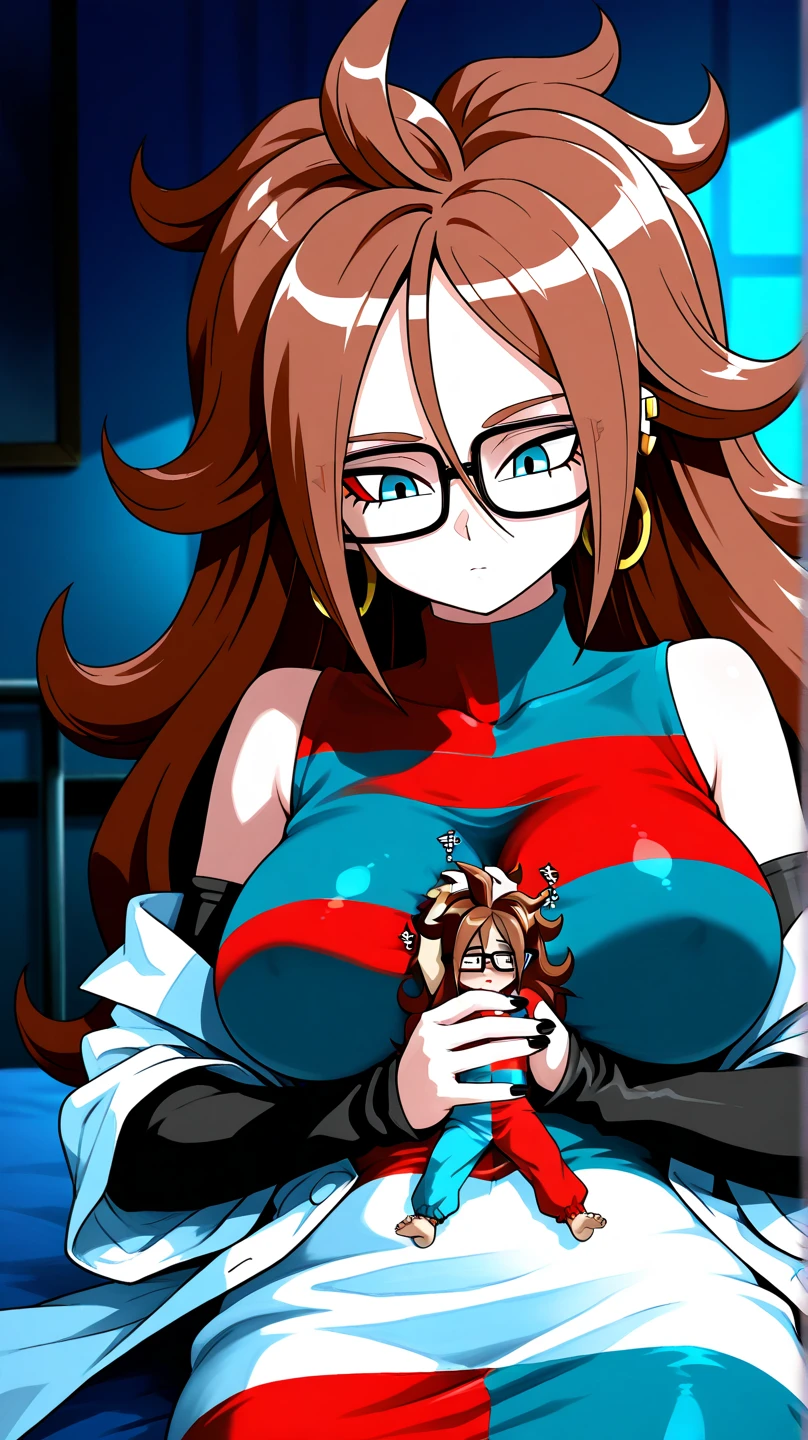 Android 21, Vomi, 1girl, android 21, jewelry, solo, glasses, earrings, long hair, dress, checkered clothes, hoop earrings, brown hair, ring, checkered dress, blue eyes, breasts, looking at viewer, medium breasts, curly hair, gagged, bondage shibari, manos y brazos atados, bdsm, Arms tied behind the back, arms behind the back, Arms tied behind the back, muslos atados, patas atadas, Gagged, bound arms, arms behind back, de frente, Ball Gag, bdsm,bondage, gagged, sitting position, Kneeling position, in the room, ball gag color roja, gag de correas, viendo hacia el espectador, looking towards the camera, shrimp position, babear, babeando, saliva en la gag, basement, sonrojada, gargantilla bdsm