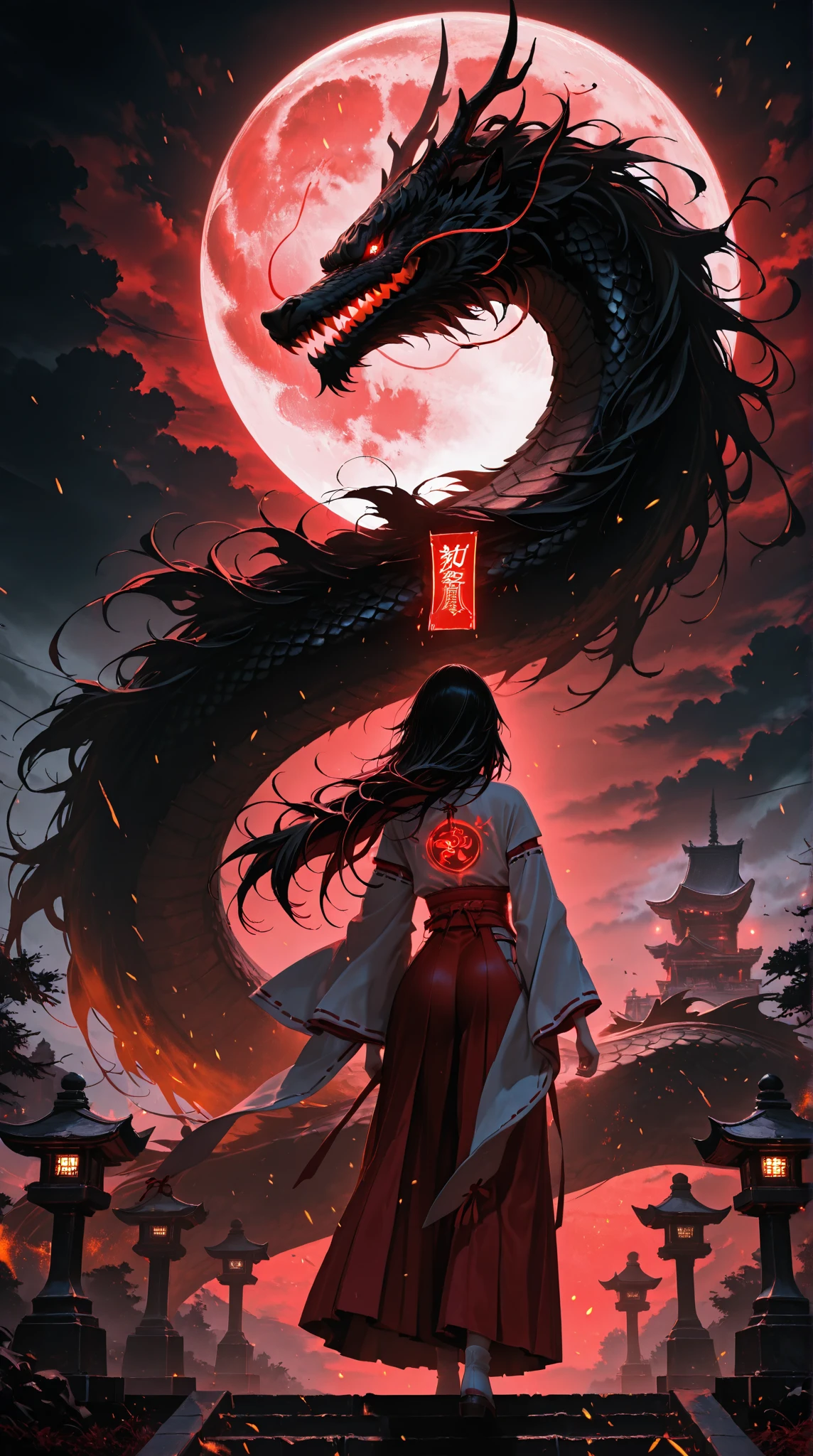 a dramatic rear view of a beautiful shrine maiden standing in front of the massive Yamata-no-Orochi, her long flowing black hair fluttering in the wind, wearing a white and red traditional miko outfit with a glowing talisman in her hand, her back turned to the viewer, facing the enormous eight-headed serpent, mist and embers swirling around, full moon above, stormy sky, cinematic lighting, high contrast shadows, (Masterpiece),(top quality),(ultra high resolution), amazing quality,Very Aesthetic,illustrations,, ultra-detailed, anime style