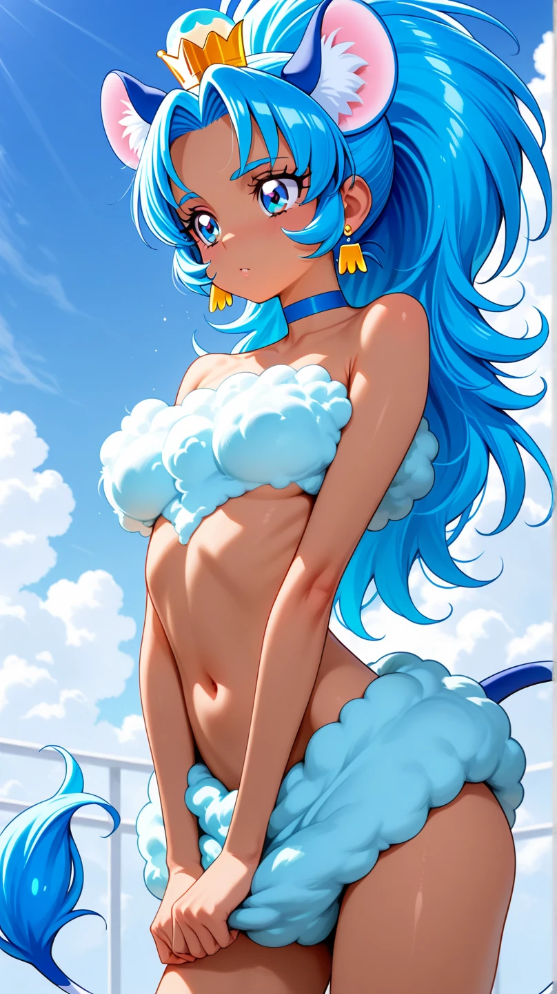 a girl who has very long straight shiny dark blue hair falling in a straight line to the level of her knees. it is hairless, and big sky blue eyes, and also her F cup size breast. Its body is shaped like a regular triangle where the upper part is narrower and the lower part is wider., has rounded cheeks, Her lips are reddish in color and her skin color is white with a little pink, stomach 1.78 cm tall, She is naked and nervous