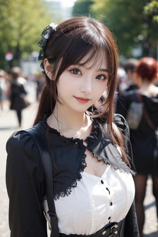 mix4, best quality, ultra high res, (photorealistic:1.4), 1girl,chika fujiwara, black bow, blue eyes, blunt bangs, hair bow, long hair, pink hair, black dress, dress, pinafore dress, school uniform, shirt, short sleeves, shuuchiin academy school uniform, white shirt, looking at viewer, full body shot, school background, realistic