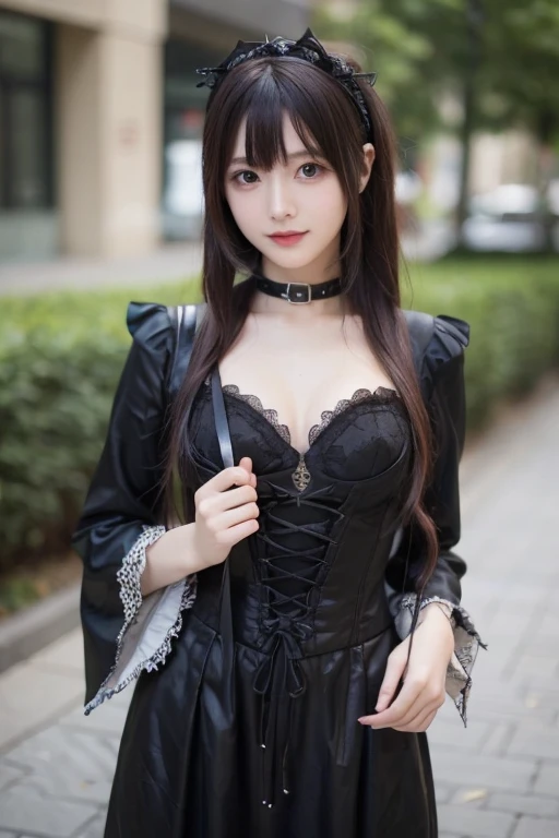 sexy stylish female model, only 1 female, ((doll-like appearance)), ((ultra detailed Platform boots)), (big smile), ultra detailed eyes, vivid eye makeup, lipgloss, long lashes, defined eyebrows, ((sexy Gothic Lolita cosplay)), bell-shaped skirt, petticoats, high neckline, puffed sleeves, ((ultra detailed lace)), ((ultra detailed embroidery)), intricate details, Gothic Lolita accessoires and matching headpiece, Gothic Lolita choker, ((large sparkling Gothic Lolita jewelry)), cinematic light, detailed large park background with trees