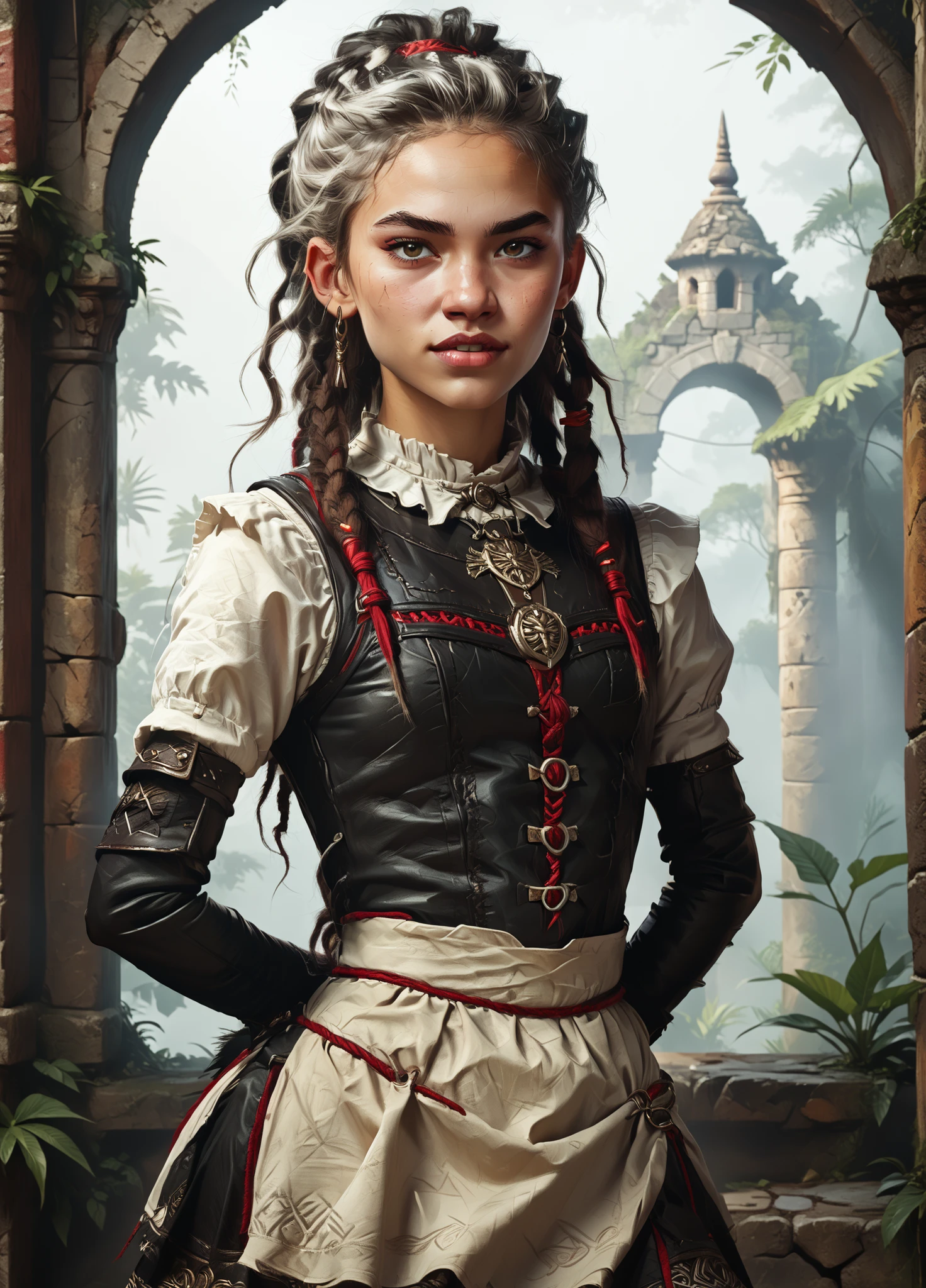 Slender body. White skin. Cute 18-year-old Aztec girl with Asian red eyes and unnaturally sharp teeth and dreadlocks with white highlights. Sharp and pointy teeth. She has a cute and beautiful face. She has a round and young face with a pointy chin. Her body is athletic with abs. She wears shiny, intricate leather maid dress. Background: medieval jungle ruins. Realistic lighting. DnD art-style. fake box art, semi-realistic, Looking at the viewer.