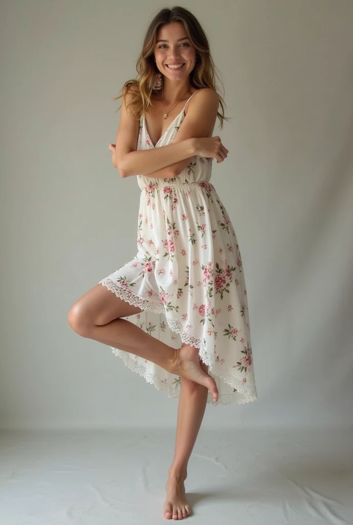 ((best quality)), ((masterpiece)), (detailed), perfect face, araffed woman in a dress jumping in a room, dressed in a flower dress, windy mood, flowing dress, julia sarda, dress in voile, twirling, her hair blowing in the wind, as though she is dancing, wearing in a summer dress, wearing a flowing dress, opened dress, hair fluttering in the wind, flower dress