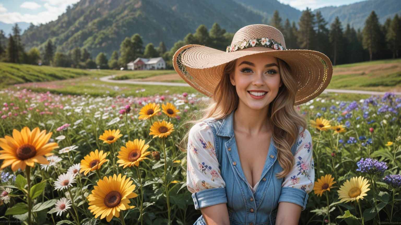 Waist length Hair, High Resolution, dark blonde Hair with highlights, wavy hair, Curvy, Smile, doe eyes, horses in field background, Multiple Views, Hair Flower, deep purple short flowing dress, Looking at viewer, Smiling, light blue eyes, innocent look, Jewelry, Realism, round shaped face, big smile, sun rise, full body in frame, sitting on fountain, smile, pale completion, soft features, not blushing, no tan skin, tossing her hair, smirking, full lips, white skin, holding a flower, shy, curious look, cow girl hat, white cowgirl boots