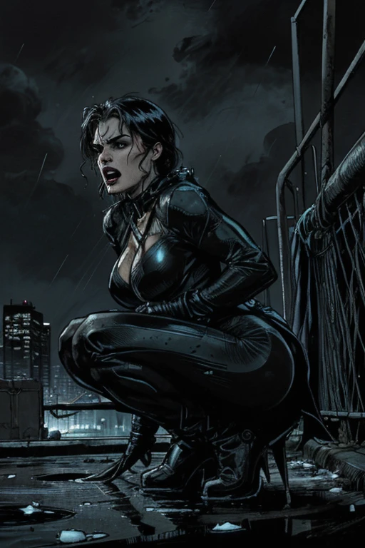 8k, best quality, beautiful tough adult woman, slimthicc, average height, medium length messy black hair, large breasts, large toned ass, human skull bone mask with black paint on face underneath, angry expression, black hair partially covering her face, wet skin, furrowed brow, nude, black leather corset, dirty black baggy pants with off-white patches, athletic, fit, pale white skin, shredded waist, pale blue eyes, beautiful, strong, hdr, black eye makeup, chain link wrapped around tits, outdoors, cloudy, ruined cityscape, raining