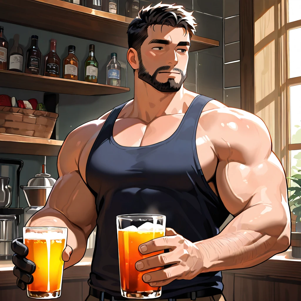 Robust man, muscular body, short wavy red hair, masculine face, red mustache, rustic appearance, green eyes, sensual smile, huge hairy chest, huge biceps, hairy body, freckles on his face, oily and shiny skin. He is standing in the living room with a glass of wine in his left hand, with a bare back and short white and transparent shorts and with a huge bulge in his groin.