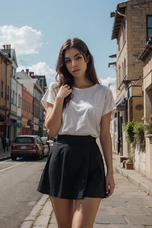 1girl, Solo, One woman of about 25 years old,face similar to Jennifer Aniston, black long hair, Close-up portrait, Hazel eyes,shirt with long sleeves, black skirt, black pantyhose, standing outside, street photography, mature woman, body measurement 36-25-35, RAW Photography, 8k, , Masterpiece, Full Body Shooting, Top Quality, Fine Pore, Realistic, Photorealistic, Ultra Detailed