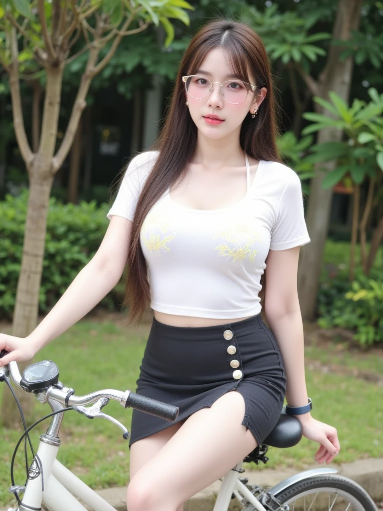 (master piece:1.5)、(8K high quality)、(Highest image quality)、(Photographed by a professional photographer)、(very bright pictures)、(large, clear eyes)、long eyelashes、、ultimate face、realistic light on face、distinct facial featureilky white skin、realistic skin details）、best portrait、(Shooting from a distance:1.5)、one girl、cute、beautiful detailed eyes、beautiful detailed nose、（Beautiful face with double eyelids）、（ full body image)、30 years old、(beauty 1.2)、slender、(Wearing a T-shirt:1.2)、straight long hair、Lame around the eyes、lipstick、earrings、((The color of the t-shirt is black))、very beautiful legs、(((On a bench in the flower park)))、((smile at the audience))、((Shooting angle from the front))、eye contact with the audience)、(sitting)、Very beautiful figure, (Wearing light blue pleated skirt), , big breasts, 超big breasts, ((T-shirt length is very short, I can see your underboob, I like showing my underboob to the viewers., under boob)), sitting, (The lower half of the breasts are exposed, )