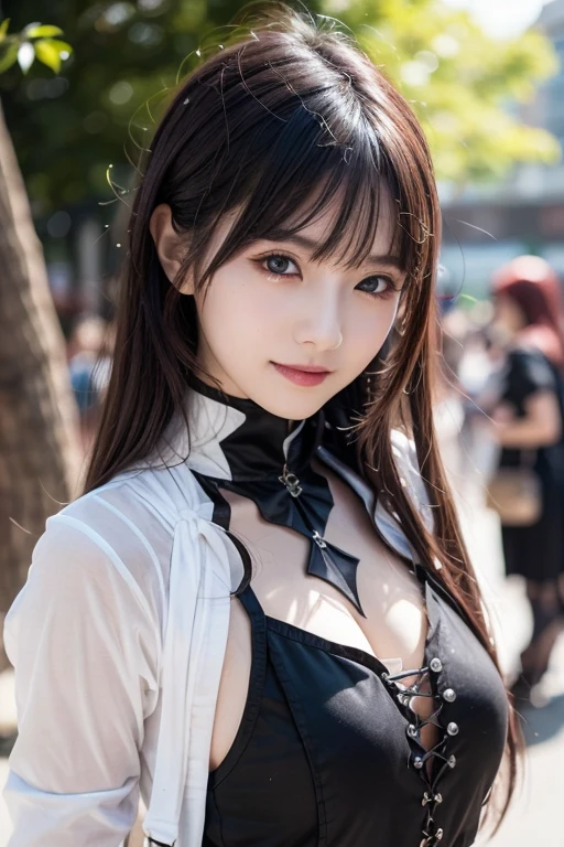 best quality, ultra high res, (photorealistic:1.4), 1girl, off-shoulder white shirt, black tight skirt, black choker, (faded ash gray hair:1), looking at viewer, Cleavage、tits