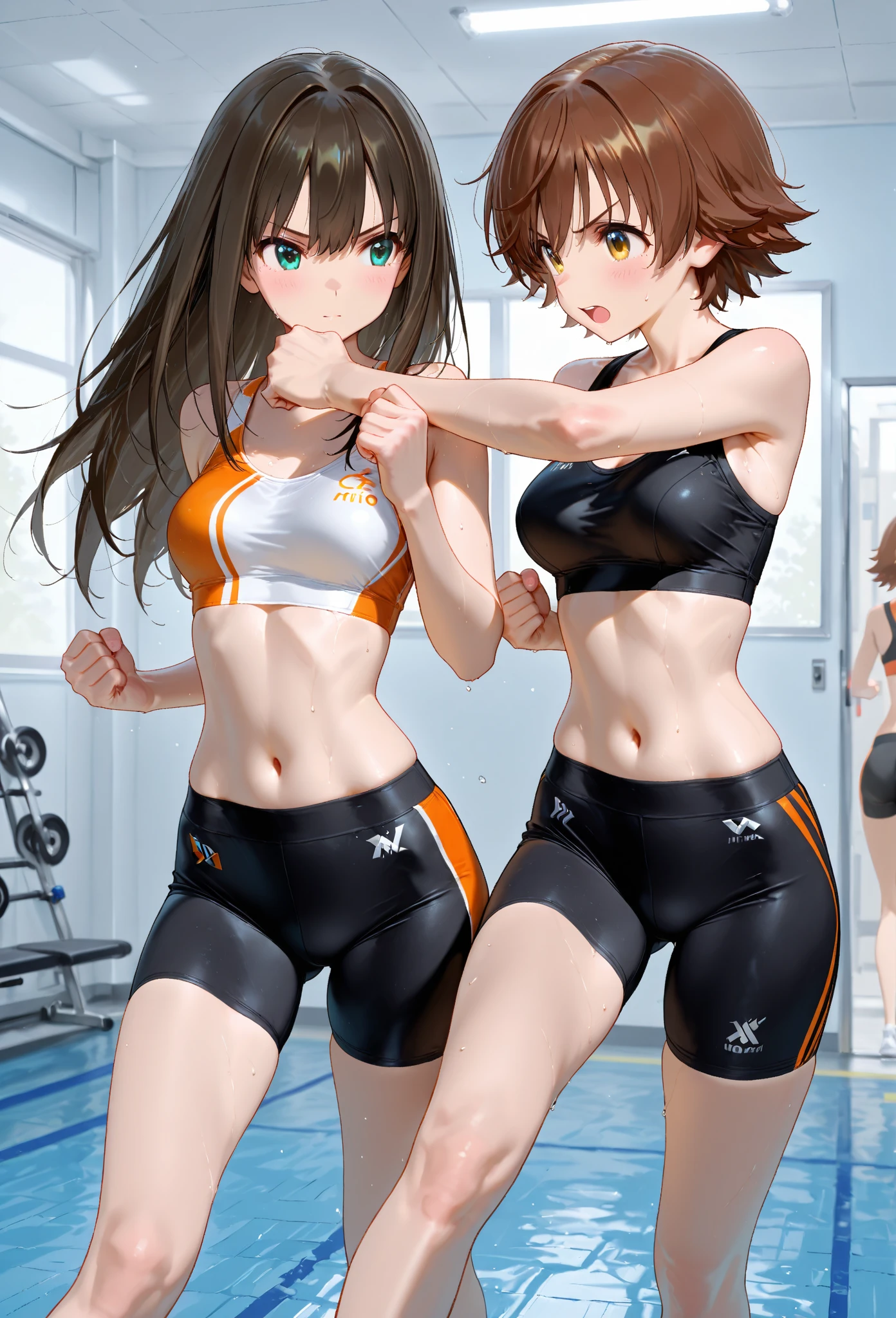 brunette color hair，longponytail，Girl in the sun，Strong abs，Muscles all over the body，Strong thighs，The biceps muscles are large