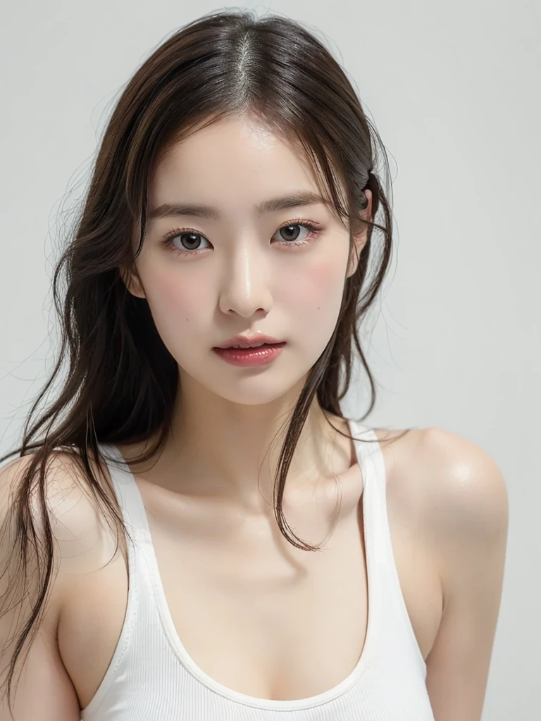 Create a realistic portrait of a young woman with a calm and serene expression。She has long, straight, dark brown hair、Her hair frames her face.、Extends to the shoulders。Her skin is white and smooth,、Has a natural and soft glow。Her eyes are big、Expressive、It is a light greyish blue color.。Her eyebrows are well defined、Slightly arched。Her nose is small and straight、Lips are plump and naturally pink。She is wearing a black tank top、The background is a neutral grey to highlight her features.。