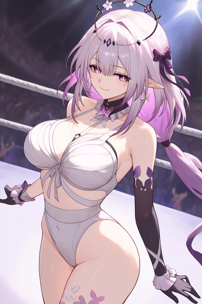 (absurdres, best high quality image, carefuly detailed features and textures, very detailed image, solo character alone): {{(1character: 900 years old elf noble mature beautiful milf), (dark brown short medium very messy hair with ahoge, fair skin, purple eyes, brown eyebrows, absolute feminine elder beauty, beautiful and sexy features, huge breasts, tall voluptuous body, beautiful arms, beautiful legs, short pointy ears, beautiful hips, giant butt), (Purple one-piece wrestler leotard, cleavage, purple arm sleeves, white elbow pads, white gloves, purple wrestler boots, white knee pads), (cheerful smile, defiant expression, happy personality, suggestive fallen, sexy defeat), (defeated, fallen in the wrestling ring mat, moaning in pain, sweating a lot, very tired, recovering herself at the castle's gym in the wrestling ring)}}