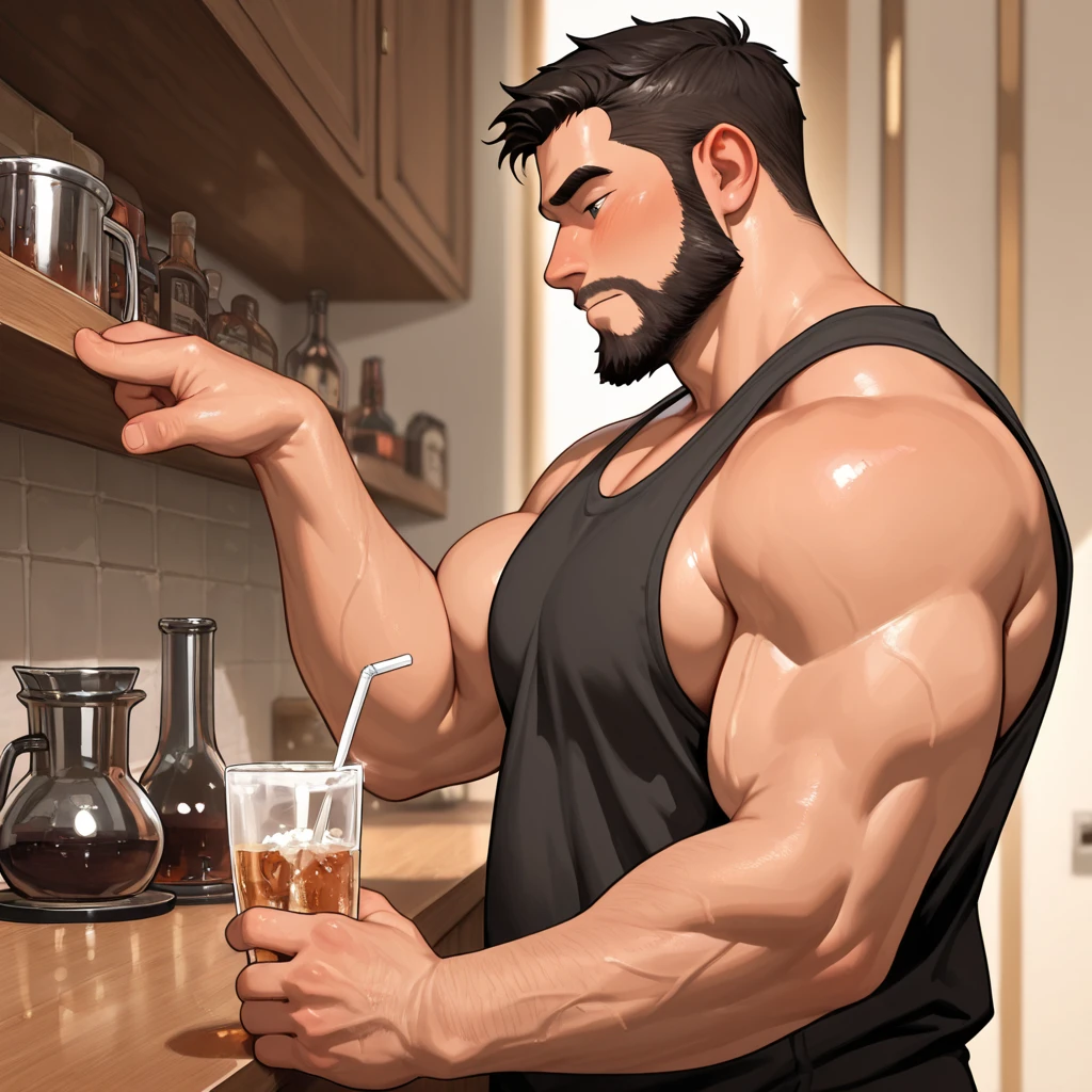 a mature daddy, light-colored hair, crew cut, stubble, sexy and luring, in maid costume in a coffee shop serving cake and coffee, muscular, fully naked, Handsome face, eyes with brightness,The man looks confident and determined, full-body shot, short hair