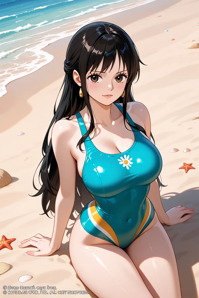Illustration, detailed illustration, dynamic angle, ultra-detailed, 1girl, pale skin, straight black hair, long hair, large breasts, beautiful, black eyes, expressionless, one piece bathing suit, sitting on beach towel, beach, beach hat