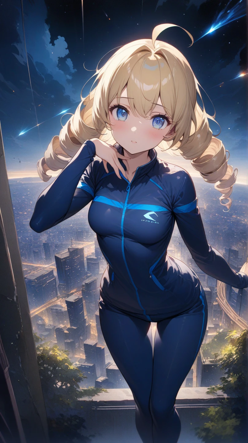 top-quality、Top image quality、masterpiece、girl with((18year old、zero suit:1.6、Bust 90、a blond、disheveled ponytail、Blue eyes、open chest wide、Happiness、Black wristband on wrist、Ear-piercing))、((sitting on:1.1))A slender、hiquality、visualart、Background with((On the roof of a building))、masutepiece