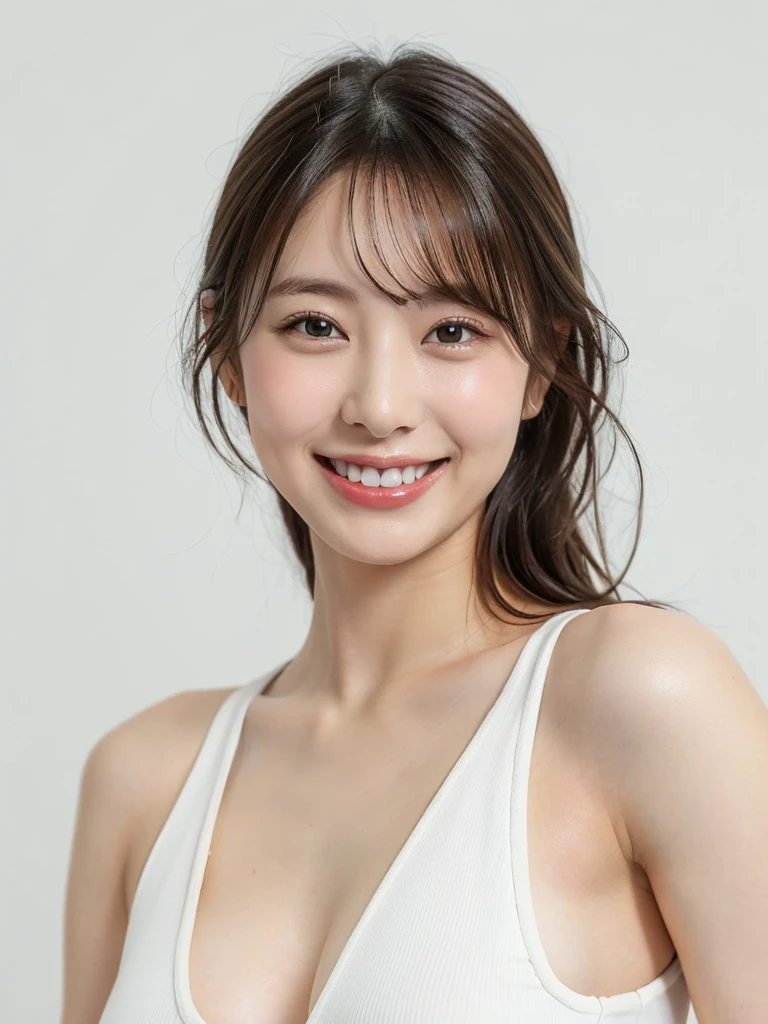 Tank top,Neat,Brown Hair,One girl, chest, smile, Simple Background, 