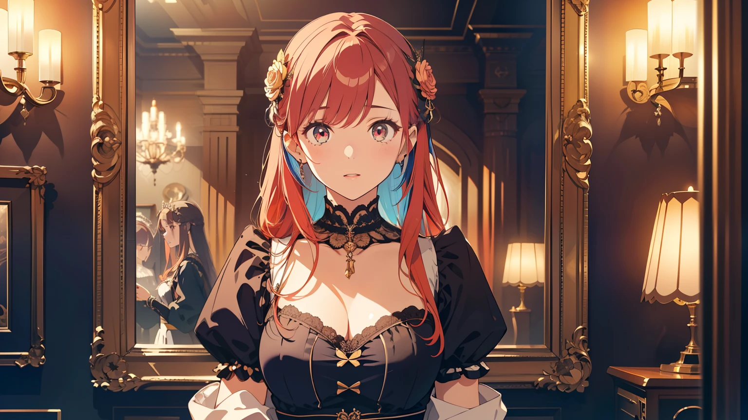 GORGEOUS ROOM、ROUND MIRROR ROOM、one woman、front、Looking at us from inside the mirror、Gothic Fashion、From head to waist level、Red Hair、masterpiece, 最High Quality, High Quality,  very detailed CG unified 8k wallpaper,  Award-winning photography, depth of field, HDR, color difference, realism,  very detailed, art station trend, complicated, high detail、(masterpiece, top quality, best quality, official art, beautiful and aesthetic:1.2),(1girl:1.4),upper body, navia, deep , portrait,,extreme detailed,(fractal art:1.3),(colorful:1.5),highest detailed,(aristocracy:1.5),