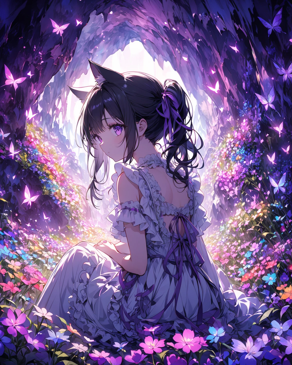 anime landscape, ugly, 4k, with neon butterflies, flores