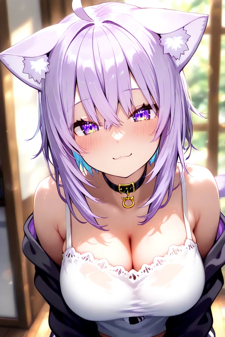 inugami korone,nekomata okayu,2girl,Females in heat,mating season,blush,open mouth,yukata,collar,gigantic huge breasts,looking at viewer,Taken from the viewpoint above,upturned eyes,near,standing up,Lined up,ryokan,in room