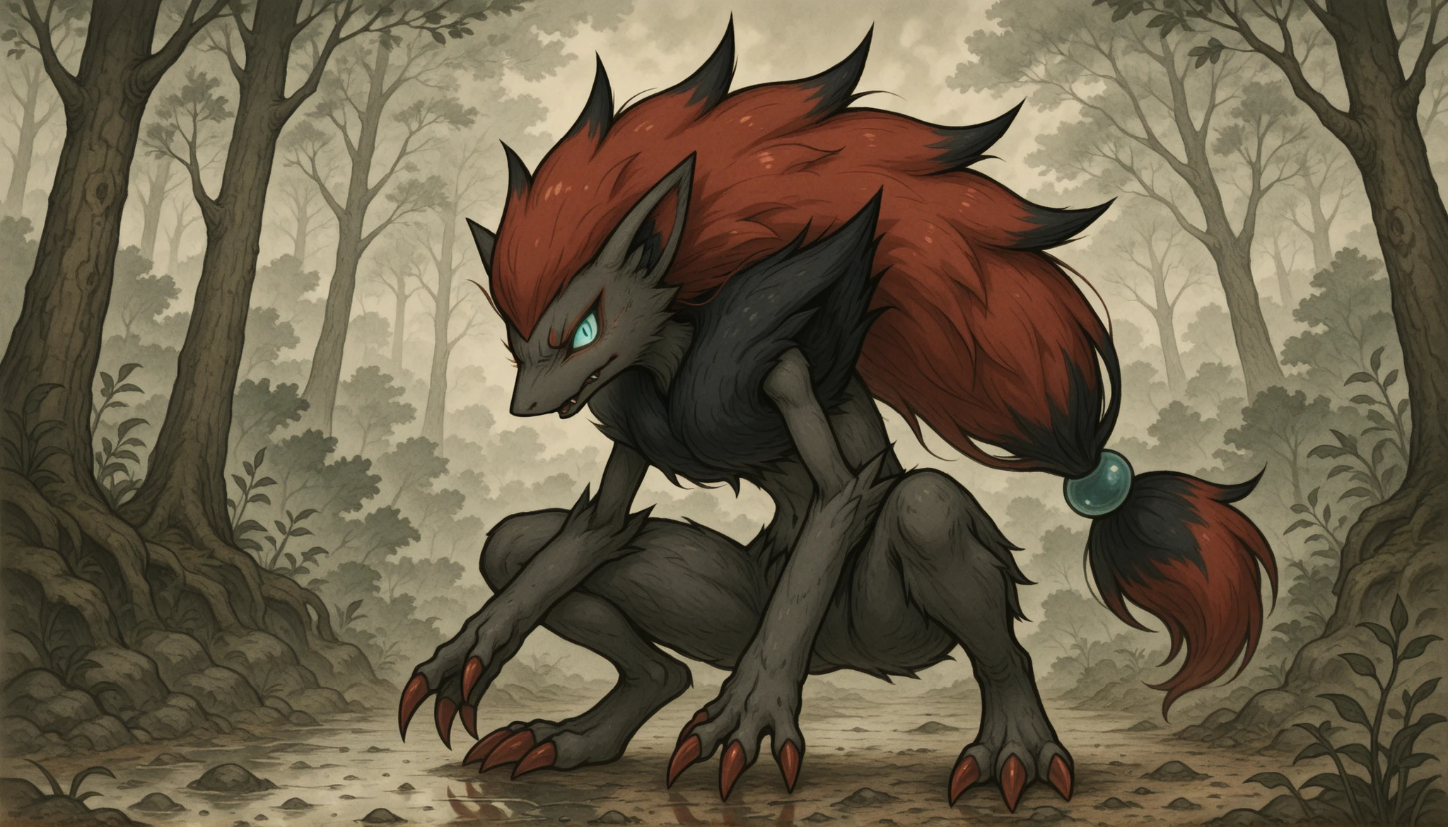 masterpiece, best quality, no humans,        Zoroark, forest clearing, shattered moonlight, crouching pose, tension in the air, fog weaving through the trees,  Zoroark crouches low to the ground, claws spread, eyes locked on something hidden beyond the fog. Moonlight spills through broken branches above, fragmented by the canopy, casting sharp shadows that stretch like claws across the mossy floor. looking at viewer, glowing eyes, face focus,   y0k4i,  