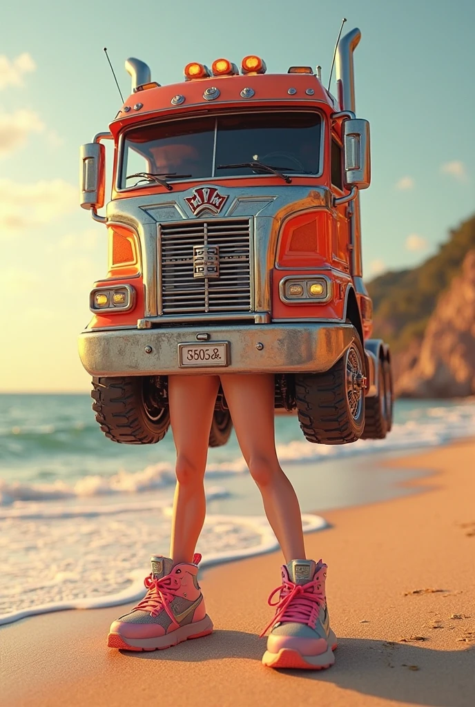 Sexy blonde crushing a toy truck with her butt