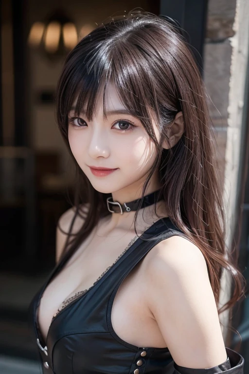 (RAW Photography、top-quality、masterpiece:1.2)、(realisitic、Photorealsitic:1.4)、(masterpiece:1.4)、(top-quality:1.4)、(ultra-detailliert)、((highly contrast))、(a high chroma)、(beautiful finely detailed eyes)、((extremely delicate and beautiful))、(nice hand、perfect hand)、((Five precise fingers, Feminine beautiful fingers))、(The background is a mechanical cyber city without people)、1 girl in、独奏、dark brown hair, length hair, side locks, asymmetrical bangs、beautiful detailed Glass hair、body suit、black gloves、breastsout、cowboy shot, outside of house, Hair intake, impossible bodysuit, Impossible clothes, long-sleeve, Watch Viewer, Black leather bikini, cybersuit, verd s eyes, (Very shiny clothes), tight skin, large cleavage, abdominals, thighs gap, thighs thighs thighs thighs, (small ass), Glossy bare skin with oil、(shinny skin), realisitic, Feminine sexy pose、One lady、Long、Super beauty、foreigner、Americana
