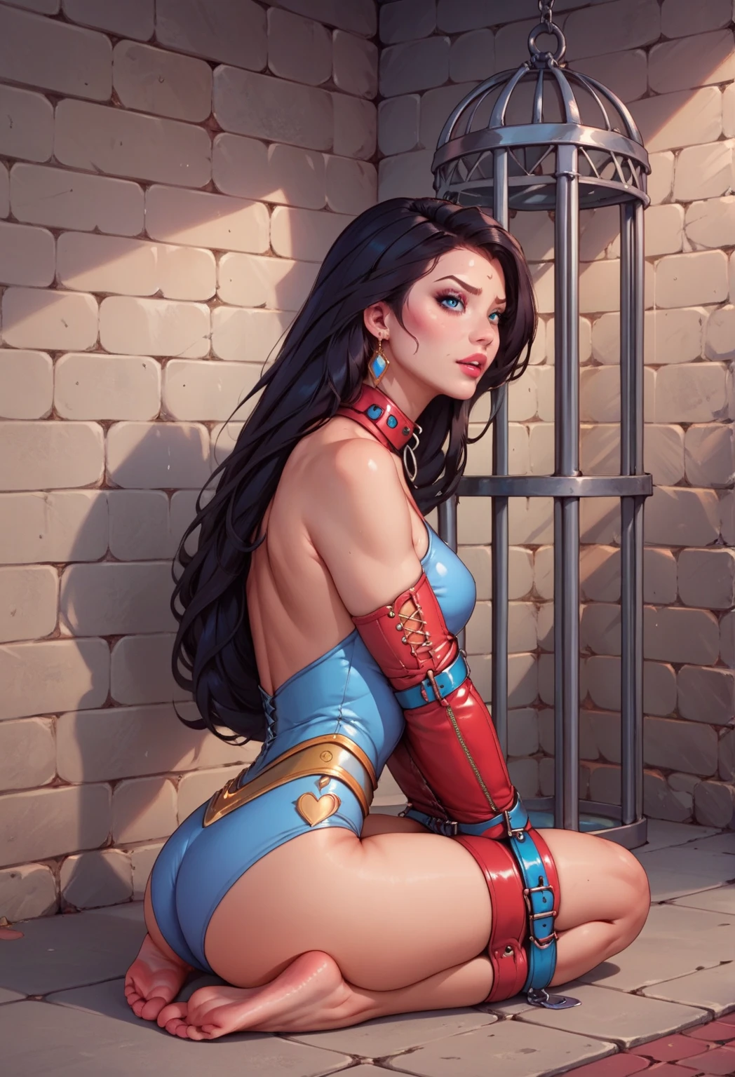 ((She wears lace white panties)), (She wears stiletto heels) ((Your shirt is in tatters, Your grid is in tatters, His uniform was in tatters, His costume was in tatters, Your clothes are in tatters)), ((Superheroine Wonder Woman half-crouched in prison)), ((Times, , prostituta, bitch)) She was sweating profusely. She screamed in horror, She was scared, She cried a lot. ((She has black hair, She has long hair)), ((She wears a lace white fishnet belt...)), ((He wears a thick metal necklace around his neck )) She screamed and begged for mercy, She burst into tears. Wear a thick metal necklace around your neck with a chain. heavy makeup on her face. (Your clothes are immoral, Your clothes are indecent). shibari, arms back behind:1.4), (hands on back), (tmasterpiece, best qualityer) 1.5, 1girll, soio, (Sexy, beautiful  woman, perfect  face, perfect  eyes) full bodyesbian, (shibari, arms back behind:1.4), (hands on back), ((brunette color hair)). ((high-definition face)), (((She was trapped in a psychiatric hospital.)))