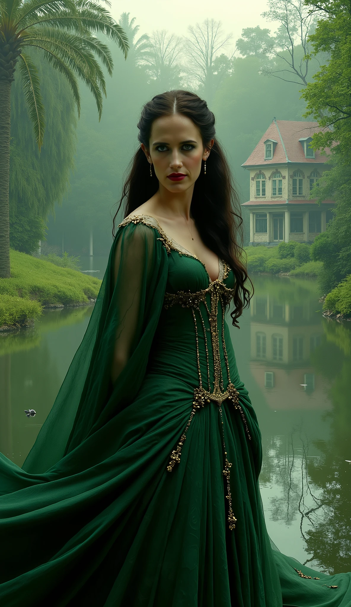 "Eva Green wearing an elegant deep green outfit with golden details, upper body view, standing in a mysterious forest with a calm lake and an old abandoned house in the background, soft natural light filtering through the trees, cinematic and magical atmosphere, high detail and rich textures"