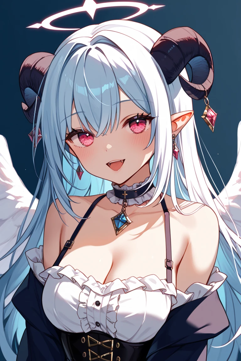 1Girl, solo, looking at viewer, white hair, longe hair, straight bangs, side bangs, light blue eyes, smiling, upper body, flowers, frilly dress, dragon horns, elf ears, big bust, pink theme, blue dress, masterpiece