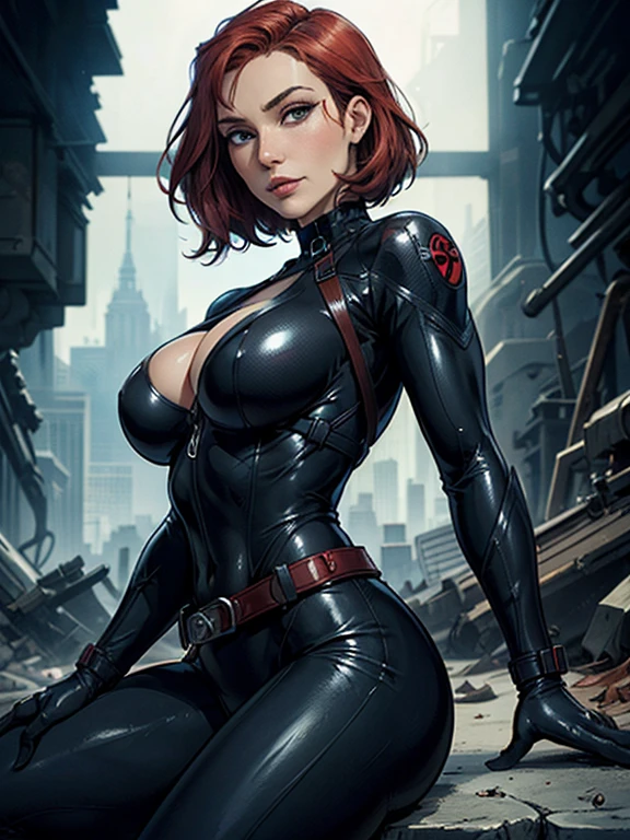 (((COMIC STYLE, CARTOON ART))). A comic book-style image of Black Widow, with her as the central figure. She is on the move. She wears a black outfit, with a red buckle on her waist and a red bracelet on her arm. (((hot body, sexy, sensual, camel toes))). She has short, straight red hair, green eyes and red lips. She is surrounded by a night city, with skyscrapers, bridges and lights. She has a determined and vigilant expression, as if she is ready to fight crime. ((( Abstract comic background)))