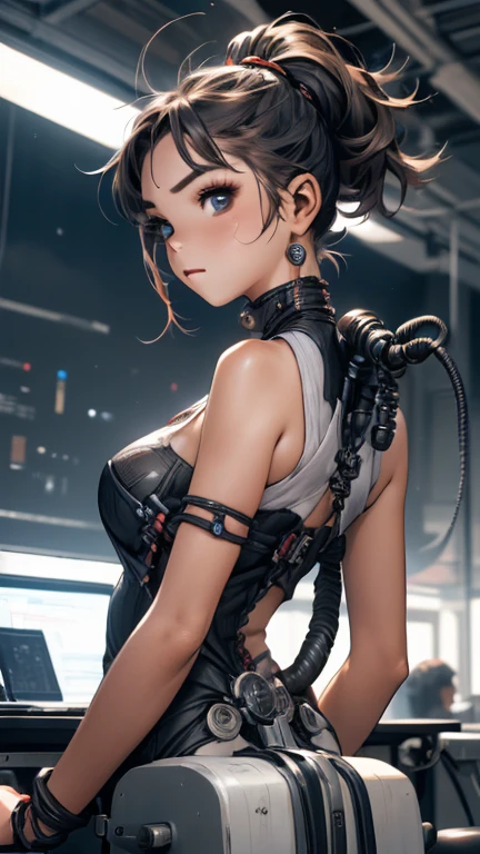 (((eve from stellar blade))), Sexy sci-fi girl,Dynamic sexy action pose, ponytail, shiny black and gray skintight body, cyberpunk, Amateur photographer, underground scattering, film grain, very detailed skin texture, high quality, 35mm photography, film grain , Bokeh, Professional, black hair, sexy, (high detailed skin), soft lighting, high quality, ((big breasts)), ((short skirts)), ((detailed face and eyes)), (beautiful face and smile), round ass, cimetric ass, cimetric face, cimetric breasts, (doggy style), ((butt up)), (sticking her ass), ((Showing her ass)),