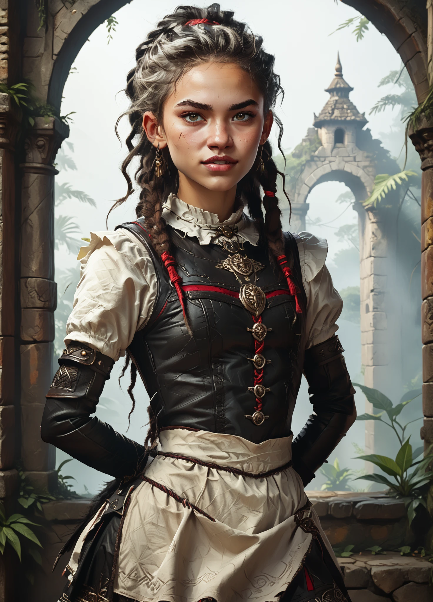 Slender body. White skin. Cute 18-year-old Aztec girl with Asian red eyes and unnaturally sharp teeth and dreadlocks with white highlights. Sharp and pointy teeth. She has a cute and beautiful face. She has a round and young face with a pointy chin. Her body is athletic with abs. She wears shiny, intricate leather maid dress. Background: medieval jungle ruins. Realistic lighting. DnD art-style. fake box art, semi-realistic, Looking at the viewer.