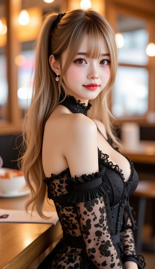 Beautiful Japanese Waifu, early 30s, brunette hair, black thight vest, behind bar table