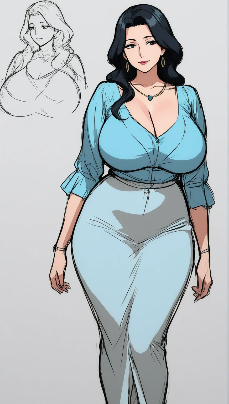 High quality, high detail, solo, best quality, 1girl, milf, (black hair, long hair,) sexy clothing, mole under eye, (dark makeup, black lipstick,) huge breasts, wide hips, thick thighs, standing, one hand on hip,))) full body shot, simple background