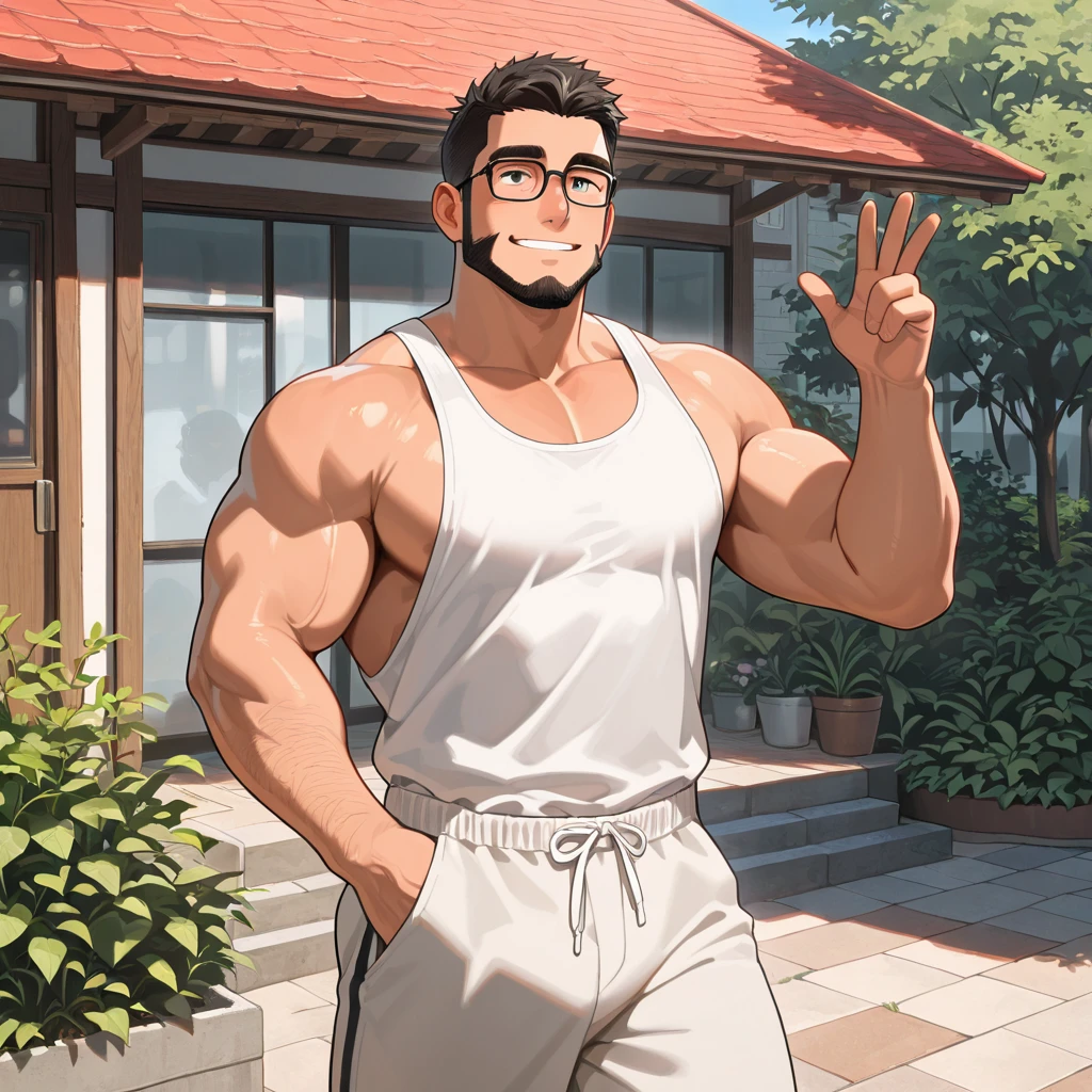 4k, masterpiece, high resolution:1.2, 1 man, 42 year old, solo, bara, muscular!!!, really tall, big physique (beast), bulk, hairy body, crew cut hair, facial hair, black hair, cute smile, friendly, running in a park, wearing red running shorts, wearing a big long black tank top, wearing a smart watch, sweaty body, wearing glasses, ultra detailed, flat style