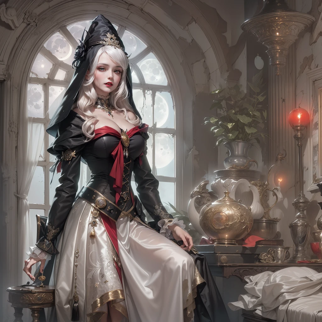 (skindentation:1.5), realistic, photorealistic, (masterpiece:1.5), concept art, intricate details, highly detailed, octane render, 8k, unreal engine, sexy seductive slutty dynamic pose, best quality, highres, ((dramatic)), epic, depth of field, 8k, particles, (realistic face:1.1, hyperrealistic:1.1), ((1vampiregirl, close-up, accentuated super huge enormously gigantic breasts, cleavage showing, perfect eyes, detailed eyes, high quality eyes, perfect face, high quality face, shiny pale skin:1.2, shiny face:1.2, embarrassed, blushing:0.8, red eyes)), server, dark gothic horror rustic tavern interior in background, pitcher, sign, jovial fantasy atmosphere, detailed background, blurry wooden bar table as foreground, (((very long platinum white hair, perfect hands))), ((extremely intricate cloak, leather corset armor, leather belt, boots, padded cloth, gloves with lots of straps buckles and zippers)), Full body portrait 