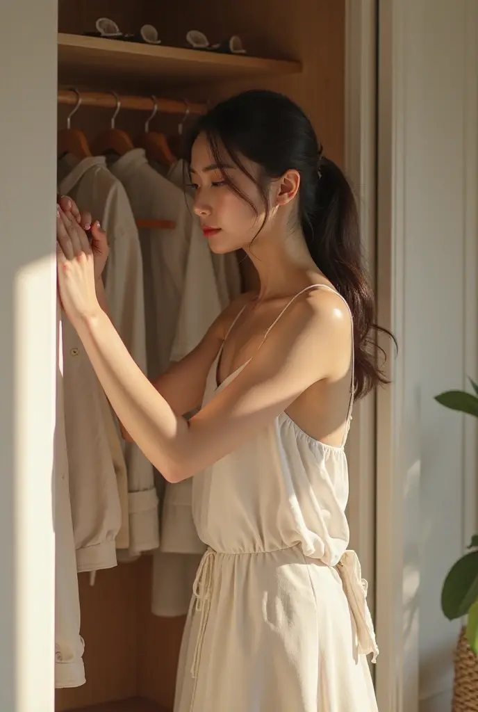 ((shoulder-length straight bob hair)),((very short ponytail)),Extremely meticulous CG),(((8k))),wallpaper,((Extremely refined and beautiful)),(((Masterpiece))),(((best qualtiy))),(((Ultra High Resolution))),beautiful light up，Perfect lightning,realistic shaded，[A high resolution],(Smooth and flawless fair skin:1.5),Extremely exquisite facial details,ultra - detailed,A  girl,solo,small head,small face,clear face,Exquisite makeup,at home,(in the clothing room:1.2),(Standing next to a wardrobe:1.3),(many women's clothing hanging in the wardrobe:1.3),(laughing:1.2),(perfect body:1.1),small breasts,flat chest,slim,thin,(beige tank top:1.3),bare back,(beige quarter-cut briefs:1.2),slender leg,(from back:1.2),day scene,dim light,blue green wall