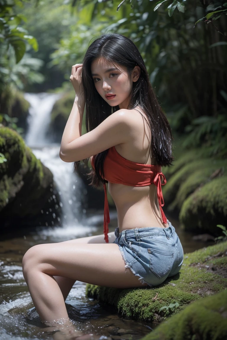 1girll,Barefoot,beach,black_Hair,brown_Eyes,brown_Hair,Bush,cleavage,day,forest,Grass,Lake,mediating_Breasts,moss,Nature,Ocean,Outdoors,plant,pond,Ripples,River,rock music,Shore,short_Hair,Shorts,Sitting,Sitting_On_rock music,Soaking_Feet,Solo,Strap_nipslip,Small rivers,tree,water,waterfallr,Wet,((Busty,High ponytail hair,showing belly)),((Burst breasts)),