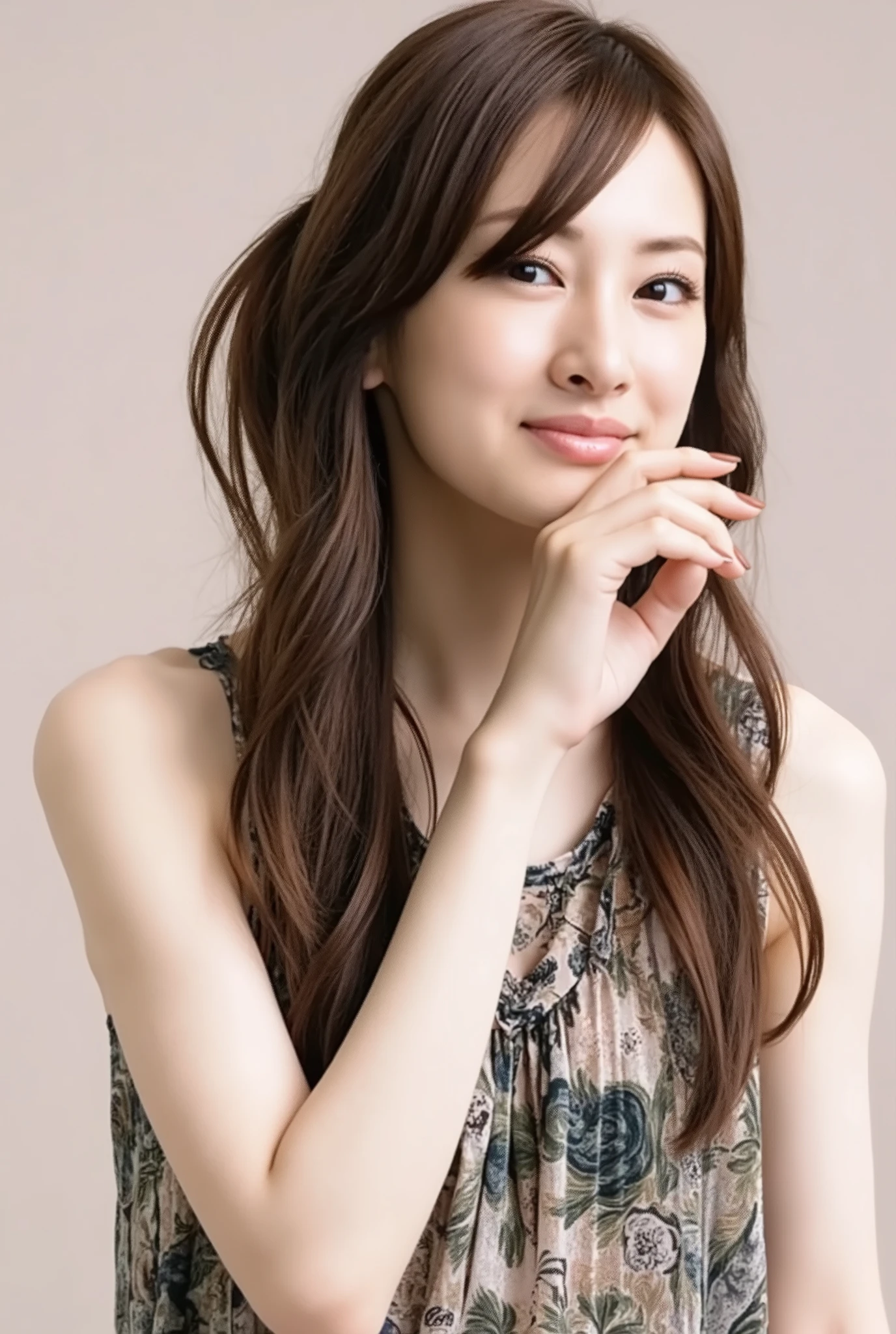 ((( high resolution,Highest Quality, Super Detail, masterpiece , very detailed,realistic,real people,Super Detailな肌, RAW portrait))) ,simple background,(chest from the front ),upper body, mid-shot, staring at the viewer , (smile, closed mouth), (standing), (is an older brother who crosses her arms on her back), Chestnut Hair, wavy hair with a graceful expression, twintails, Big Breasts, Deep-Chest Valley, Chest, (enamel latex slingshot swimsuit, Chest cutout, crop top belly button out), in front of a trendy cafe on a street lined with European Gothic architecture