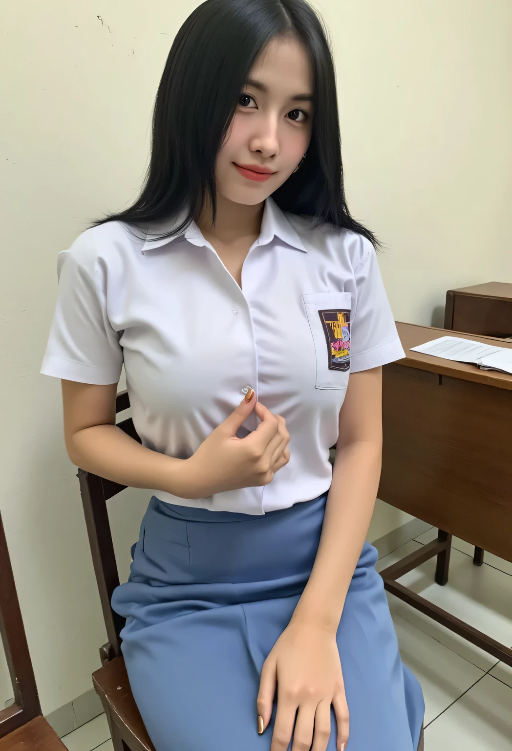 ((Best quality, Masterpiece, 8K)), 17 years old Indonesian girl. Wear Indonesian high . White shirt, gray skirt. Black belt. Beauty, half layered hair. Sitting on the chair of classroom, flirty pose. Open legs apart. Smile. Full body. White panties. Visible panties. View on camera