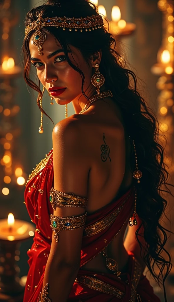 a beautiful woman in a red saree, intense red glowing eyes, intricate evil tattoo on her back, erotic and alluring expression, detailed facial features, intricate jewelry, cinematic lighting, 8k, ultra-detailed, hyper realistic, dramatic atmosphere, dark fantasy, dramatic colors, chiaroscuro lighting, simple green background,